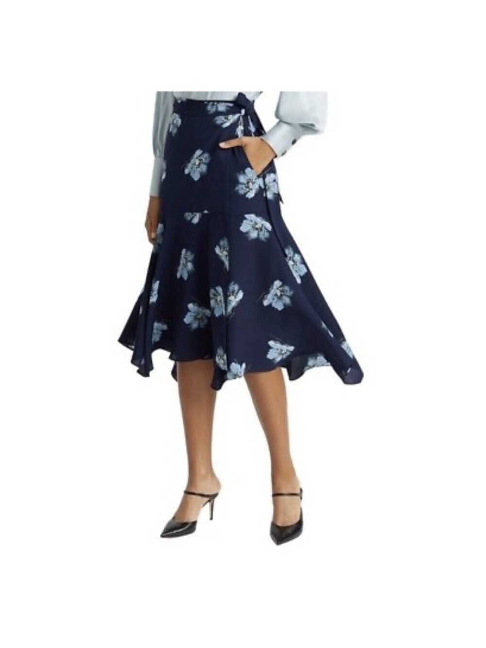 Club Monaco Navy Floral Flared Midi Skirt
